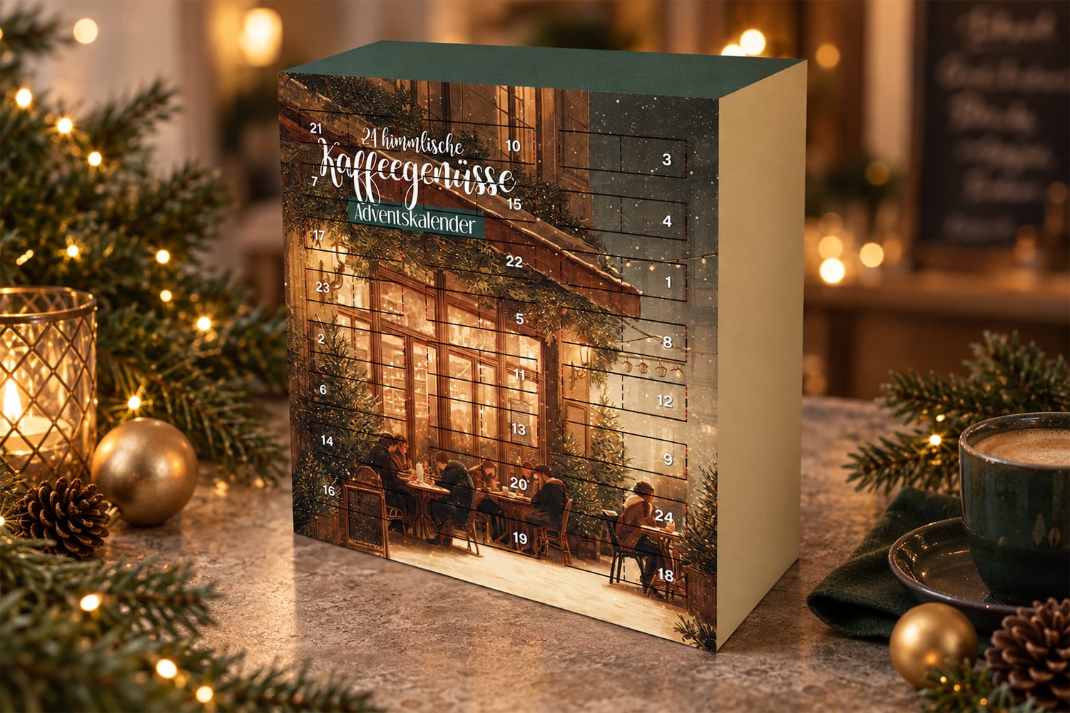 Kaffee-Adventskalender mit Türchen – Design 2026/27 traditionell, Café, zweisprachig