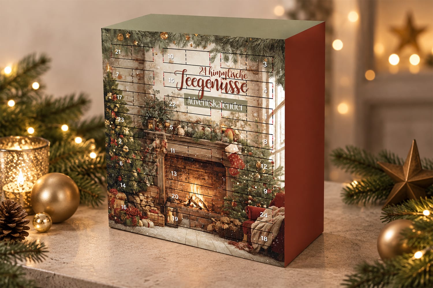Tee-Adventskalender mit Türchen – Design 2026/27 traditionell, Kamin, zweisprachig